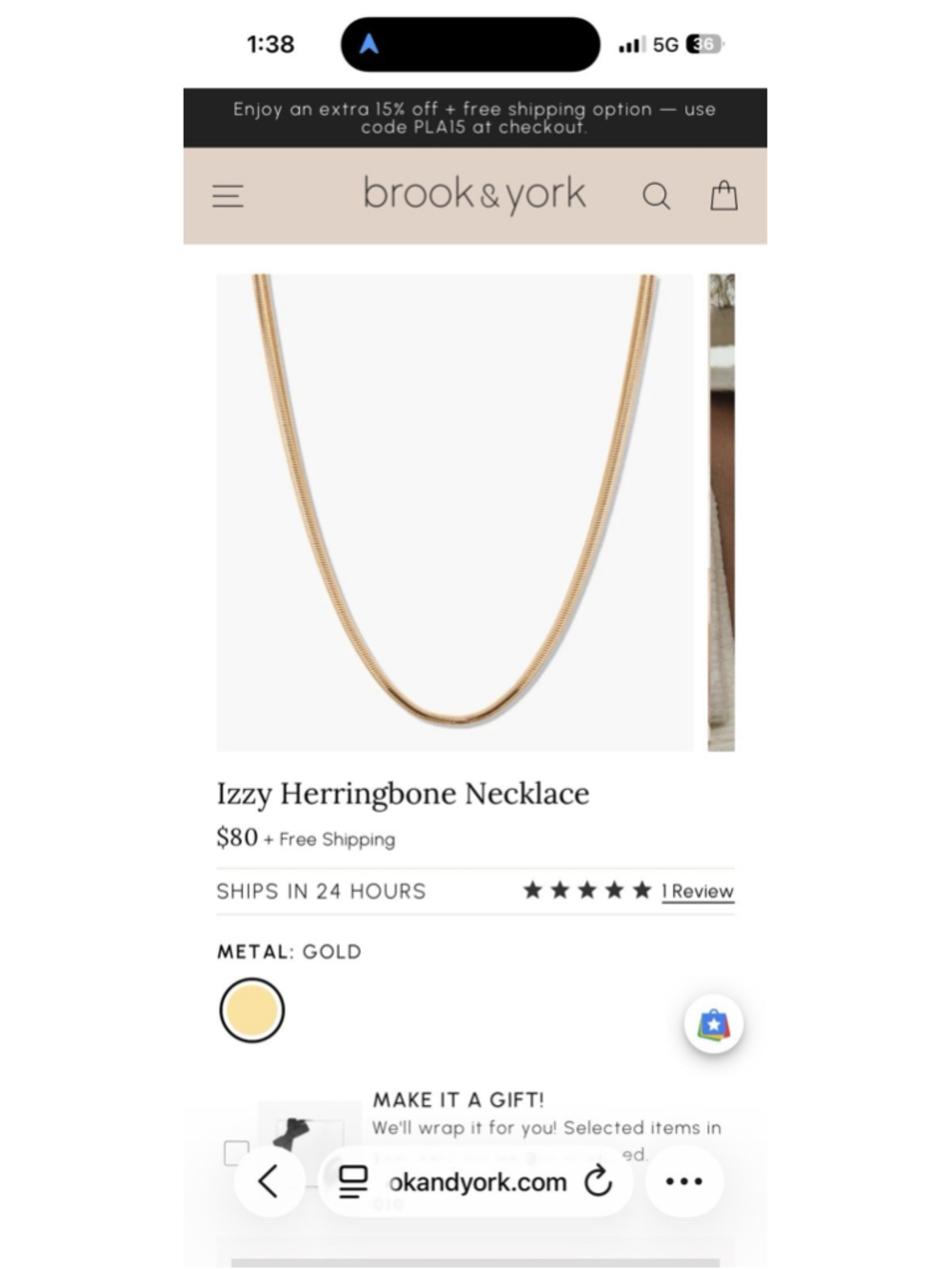 Brook & York Izzy Herringbone Gold Plated Chain Necklace Layering Jewelry - Picture 8 of 8